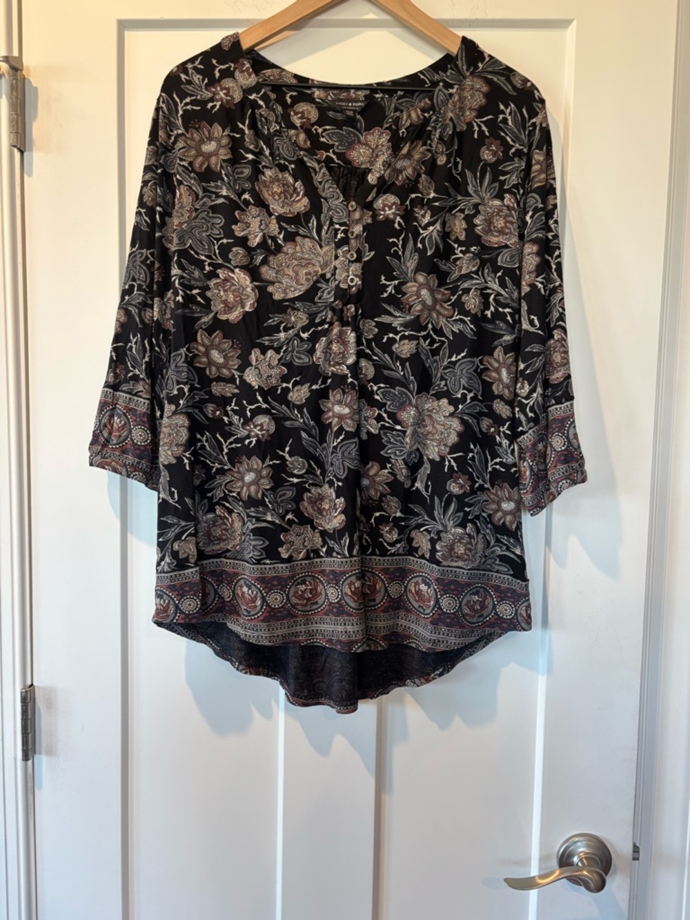 Lucky Brand Women’s Black Brown Floral Paisley Tunic Blouse 3/4 Sleeve 1X